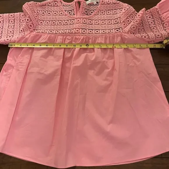 Anthropologie Endless Rose Pink Lace Poplin Bell Sleeve Blouse Large TJ027T - Picture 13 of 14